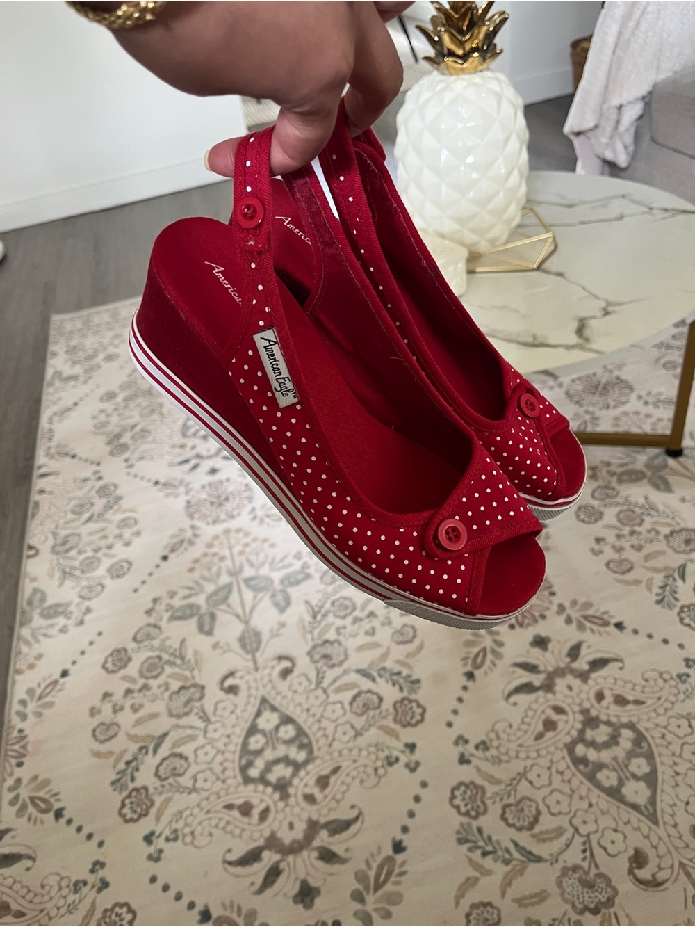 American Eagle Outfitters Red Polka Dot Peep-Toe Slingback Wedges